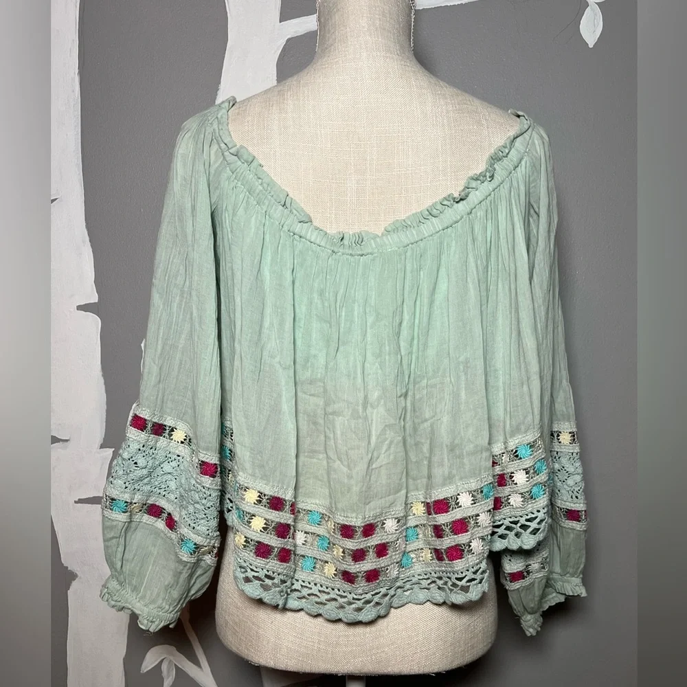 FREE PEOPLE Wander the Unknown Mint Green Off-the-Shoulder Crochet Cropped Top